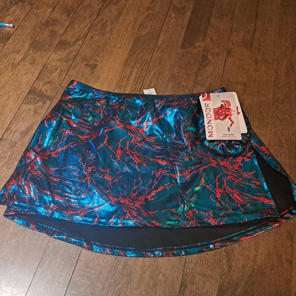 Mondor figure skating skirt adult XL turquoise green metallic red pattern NEW